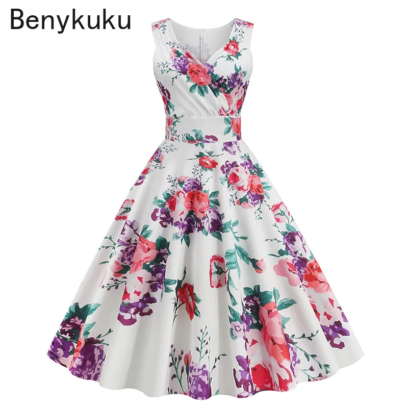 Robe d'été élégante pour femme, style Hepburn, imprimé rétro, sans manches, col en V, motif floral, coupe évasée, vintage, années 50-60, collection 2026