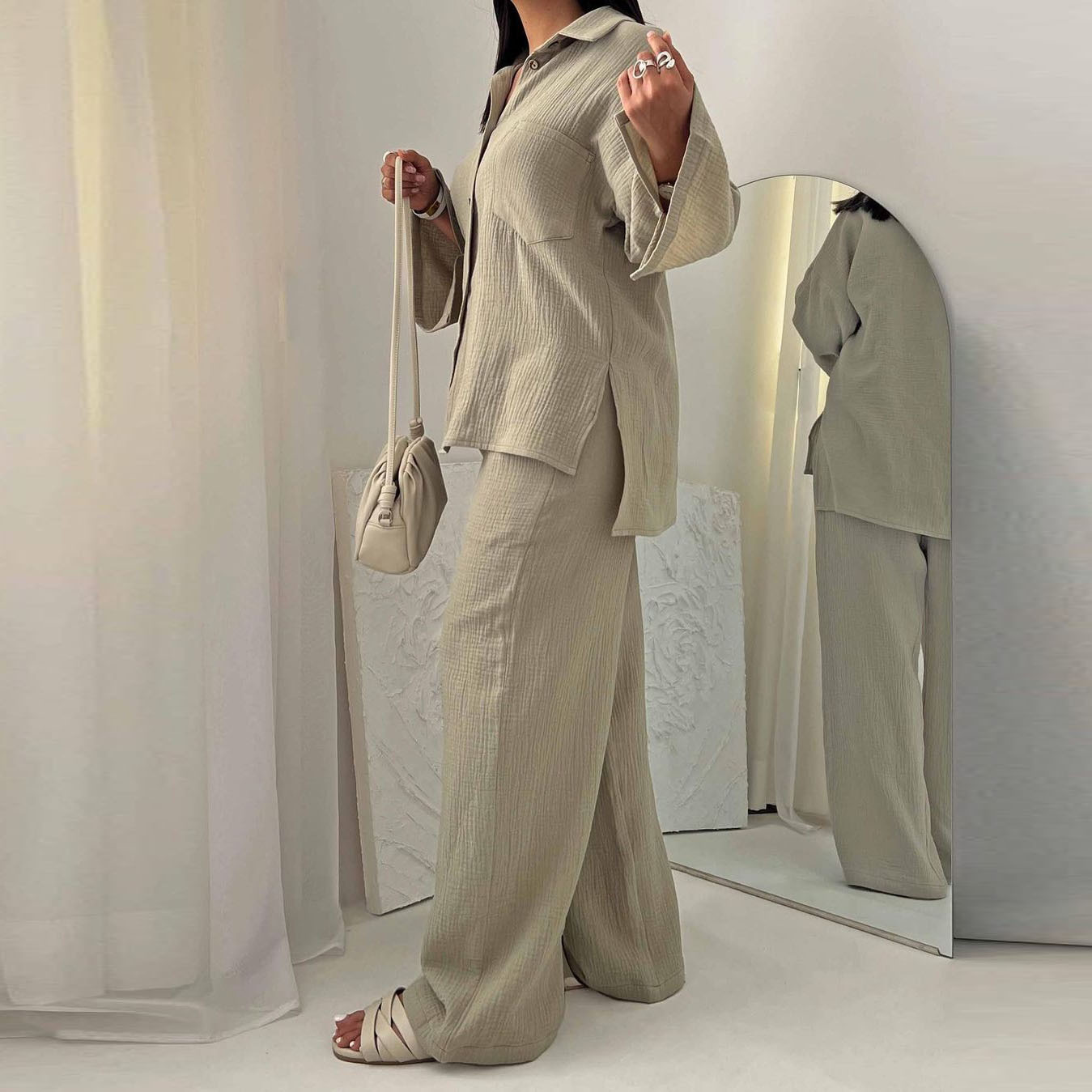 Ensemble deux pièces pour femmes musulmanes, chemise à poches épissures, pantalon large, tenue islamique du Ramadan, olympiques décontractés, arabe de Dubaï, Eid