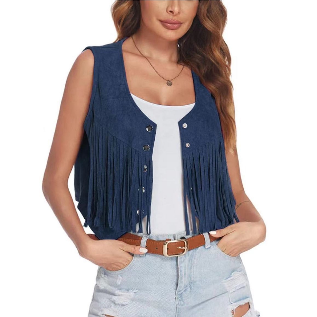 Veste en faux daim pour femme, cardigan ouvert sur le devant, gilet de cow-girl vintage, glands à franges, hippicopter, fibre ethnique, rivet