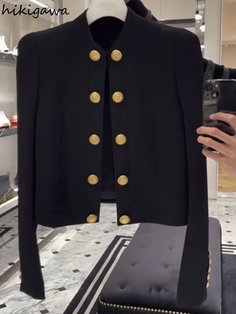 Vestes coréennes noires pour femmes, vêtements de tempérament pour dames, hauts à la mode, col montant, tunique à Double boutonnage, manteaux courts, 2025 Ropa Mujer