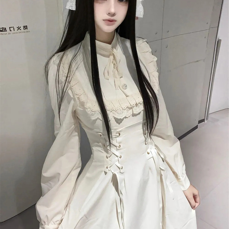 Robe française élégante en dentelle à manches longues pour femmes, taille haute, Patchwork, mode Lolita Kawaii, nouvelle collection à lacets