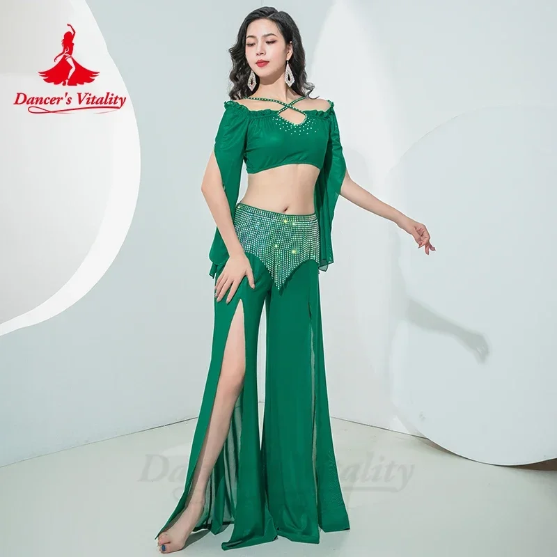 Costume de danse du ventre pour femmes, haut à manches longues + pantalon à pampilles avec pierres AB, vêtements de pratique orientale, tenue de danse du ventre pour adultes