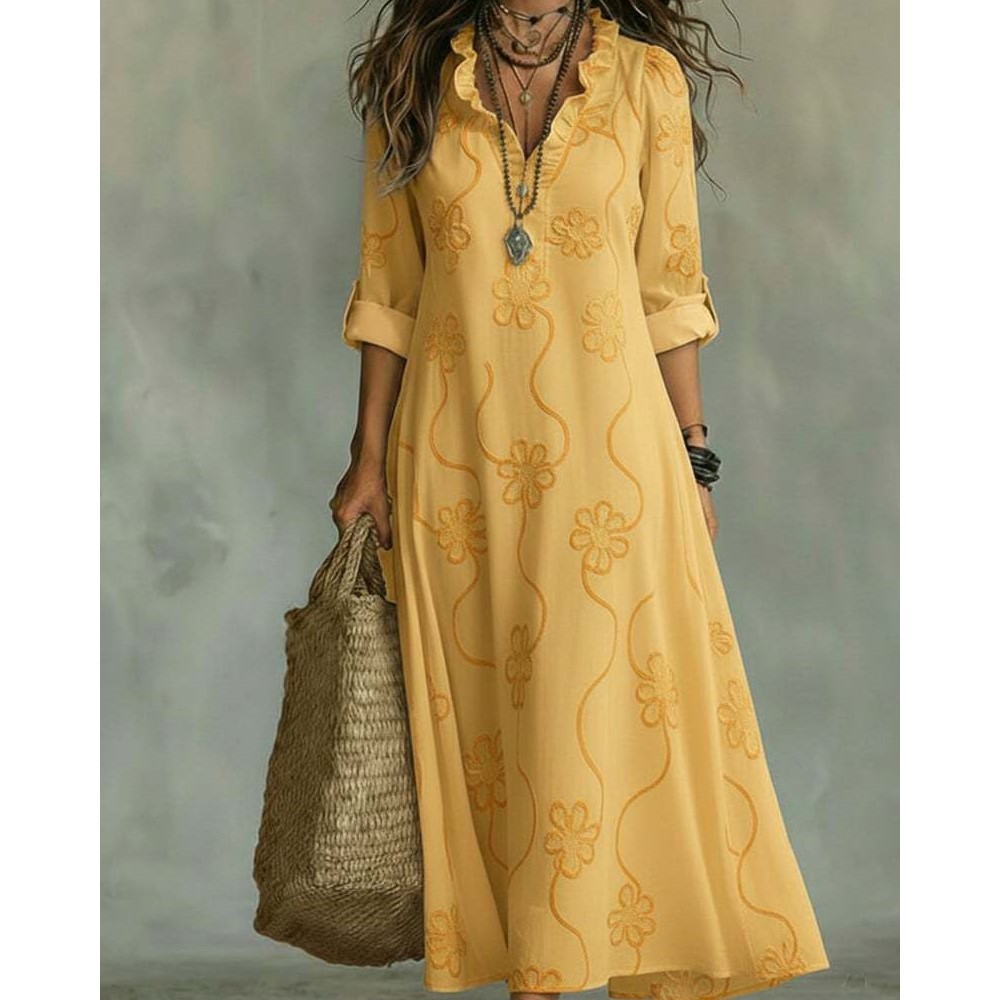Robe longue à imprimé numérique tendance, coupe ample et style simple, avec manches mi-longues, col à oreilles en bois et taille cintrée.