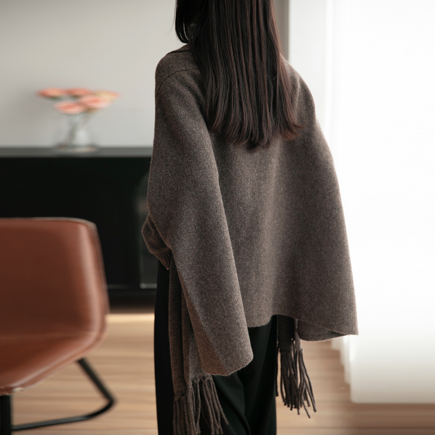 Châle à franges en laine mérinos pour femmes, vêtements d'automne, couleur unie, manches longues, ample, tricoté, à la mode, en cachemire, 100%