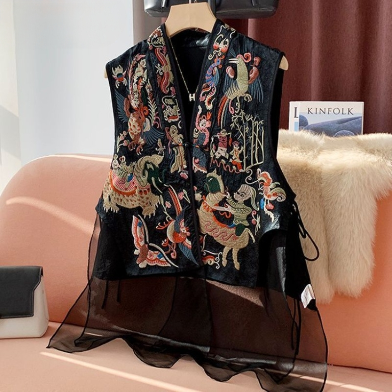 Style chinois femmes gilet manteaux Patchwork gaze broderie gilet 2025 Ropa Mujer Vintage réservoirs amples vestes surdimensionné hauts