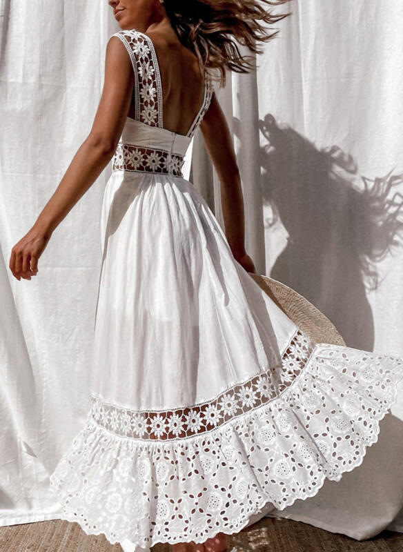 Robe femme blanc évider coton robe d'été dentelle sans manches longue épissage été fête élégante soirée femme jupe vêtements