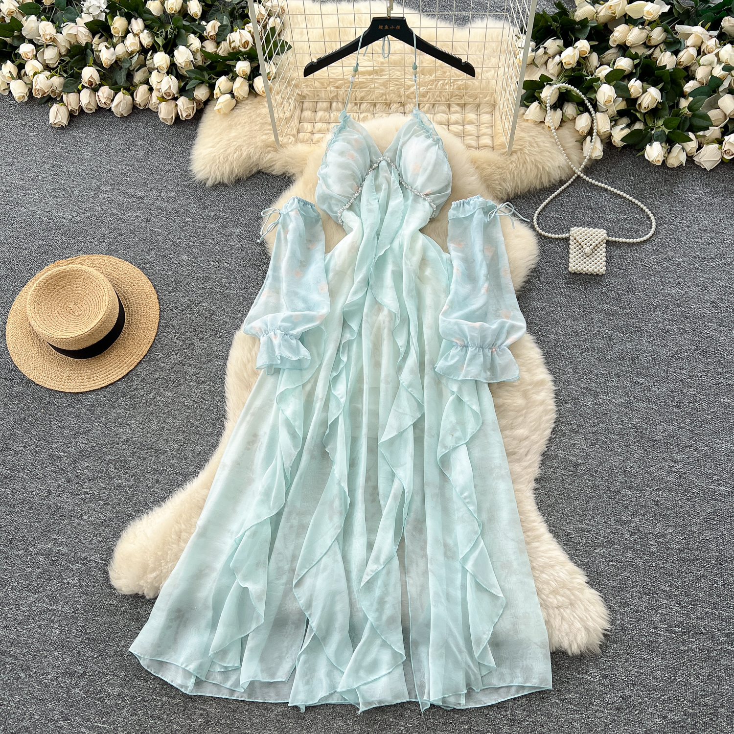 Robe sexy et slim, col en v, épaules dénudées, perles, Chic, été, fée, vêtements de vacances pour femmes, robes de plage