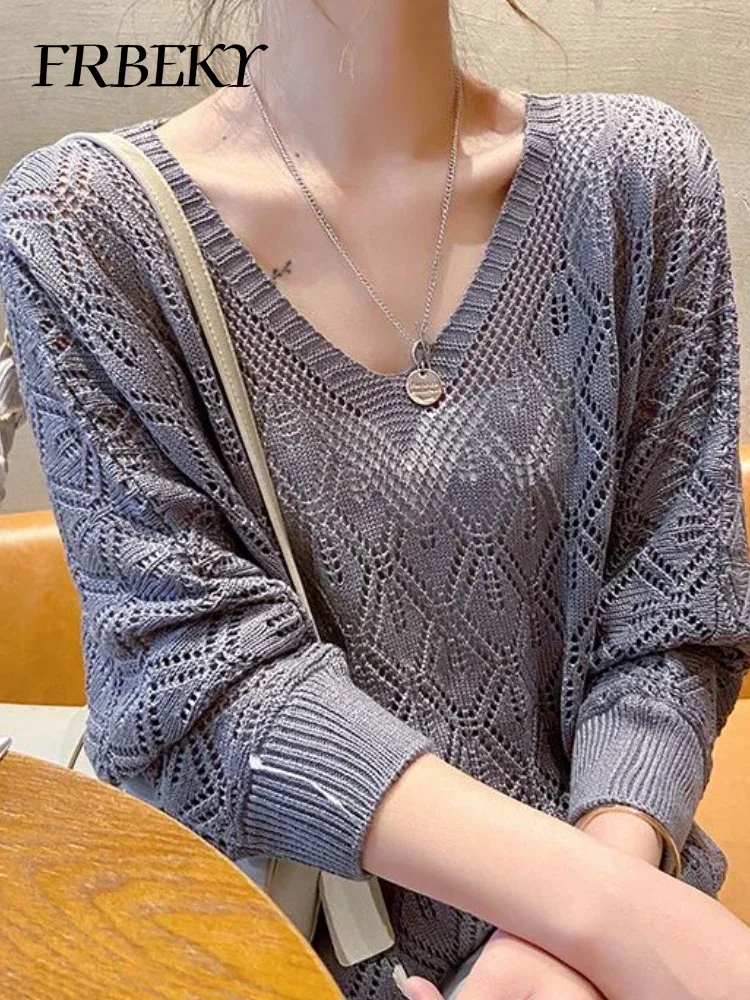 Pull femme mode col en v Crochet creux tricot pull automne mince ample chauve-souris chemise court paragraphe dames hauts pull coréen