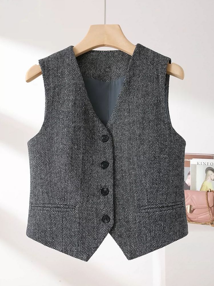 Gilets sans manches pour femmes, décontracté, col en V, boutons, chemise de smoking d'affaires formelle, coupe cintrée, Blazer court