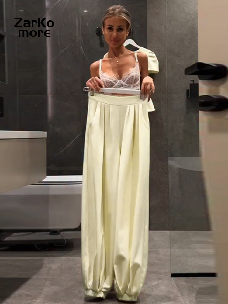 Ensemble décontracté pour femme : haut boutonné à col rond et manches courtes lanternes, pantalon long à cheville ajustée – Collection Été 2026