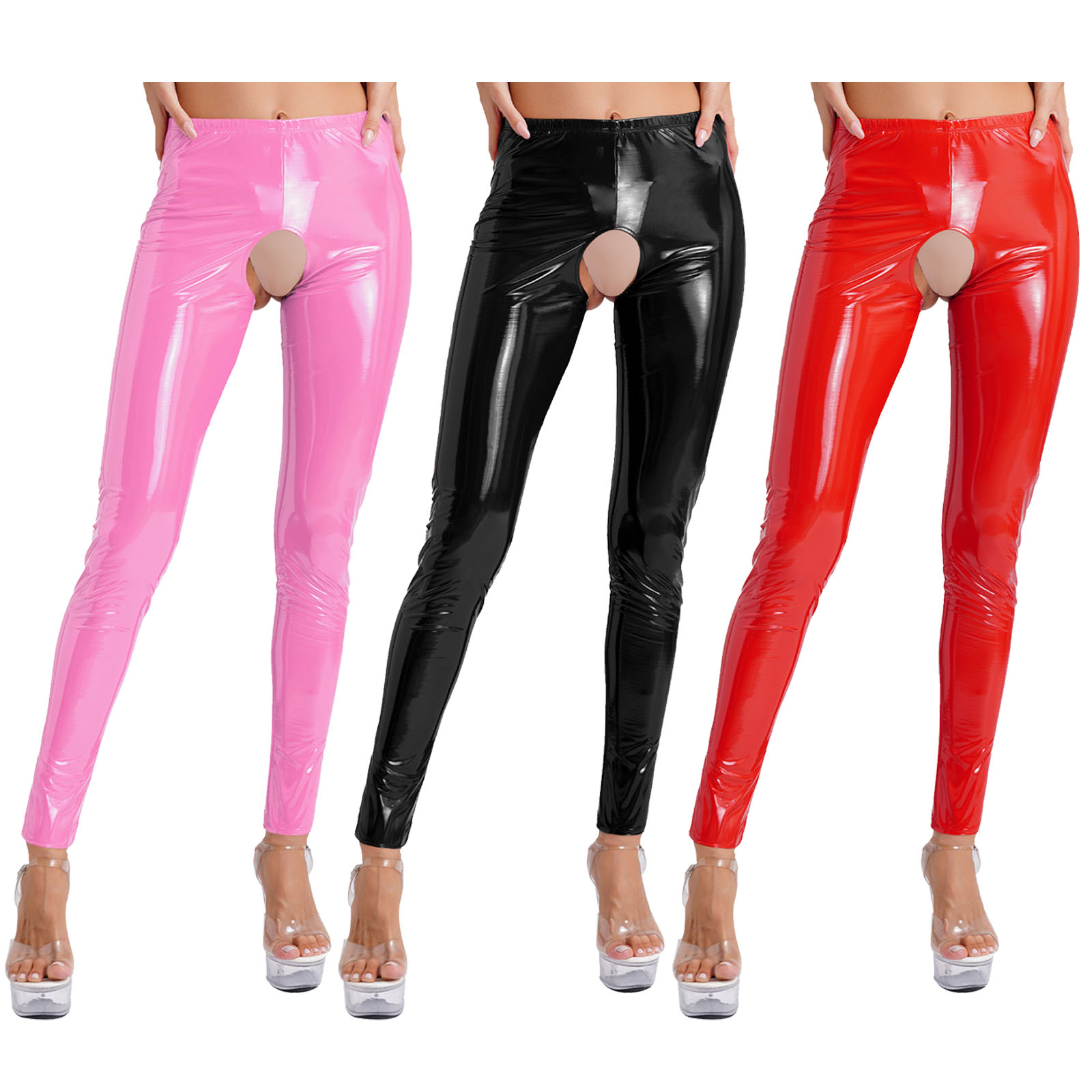 Pantalon crayon en cuir verni pour femmes, Sexy, sans entrejambe, taille haute, ceinture élastique, collants brillants, Leggings pour Lingerie, pyjama sale