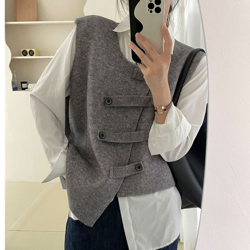 Femmes coréennes col rond gilet Cardigan 2025 dames couleur unie gilet vêtements d'extérieur automne hiver femme irrégulière sans manches manteau