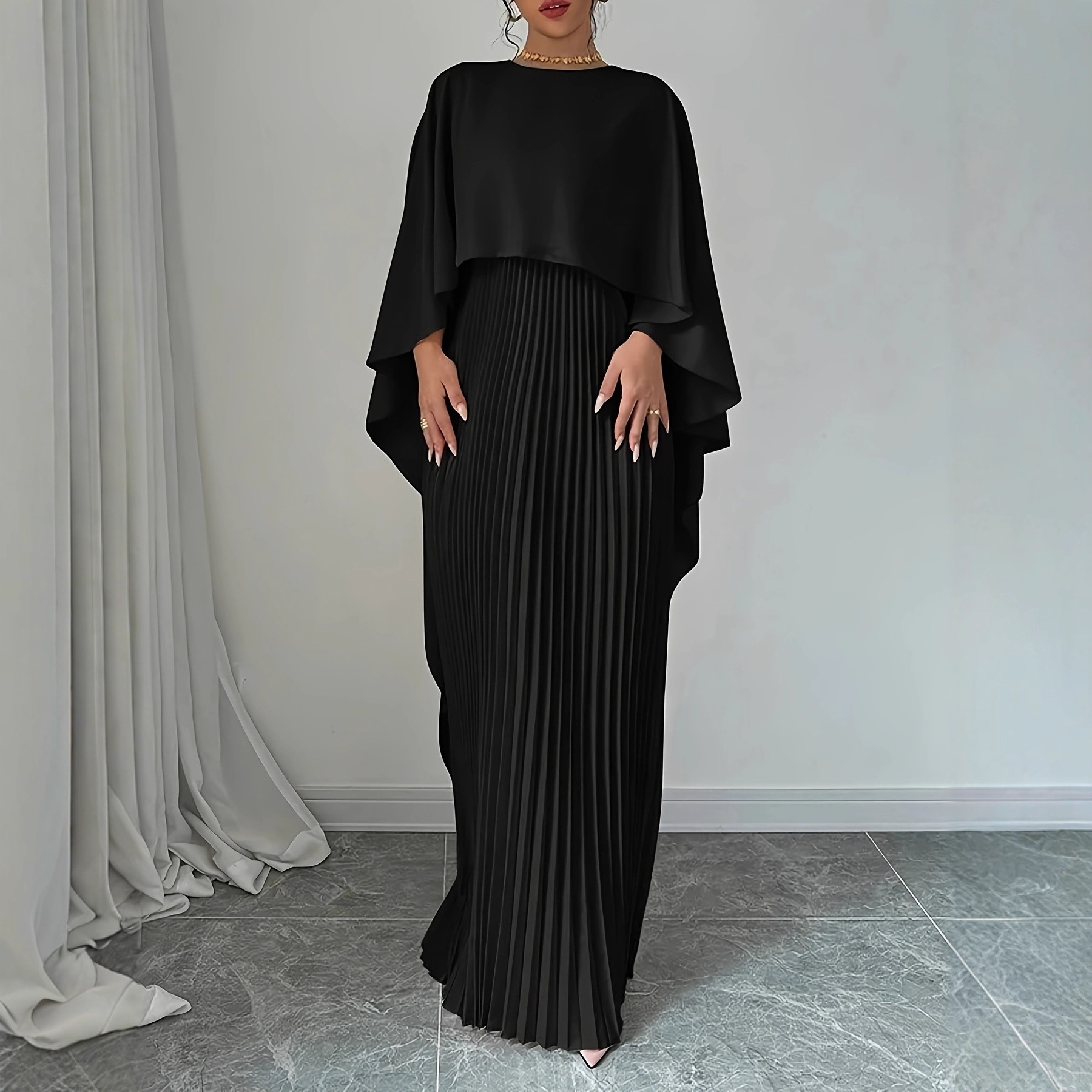 Robe longue plissée à manches cape pour femme, col rond, élégante, robe de soirée formelle