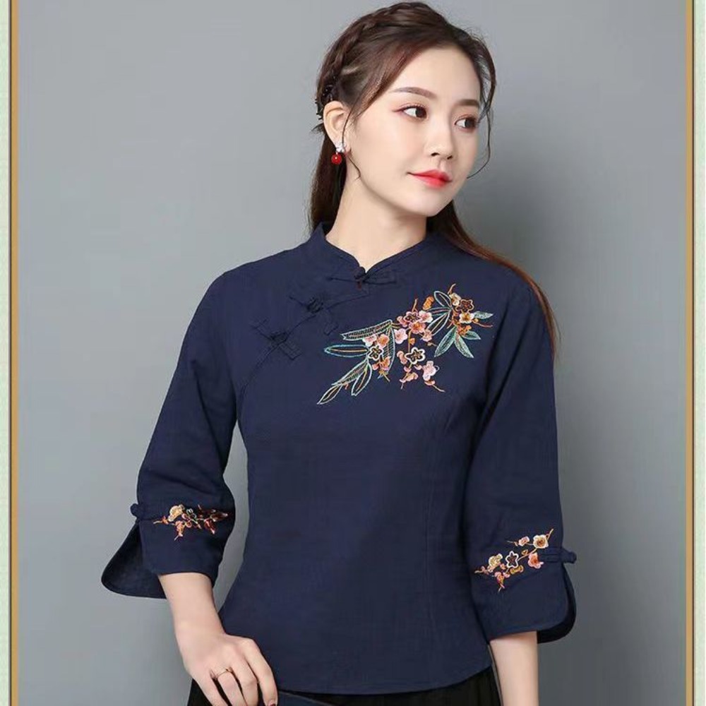 Chemisier d'été décontracté pour femme, style ethnique rétro, en coton et lin brodé, à manches trois-quarts, col mandarin, type chemise de thé chinoise