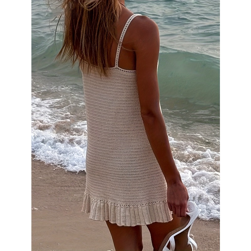 Robe de plage chic en crochet à col halter et volants pour femme, idéale pour les vacances en bord de mer, collection 2026