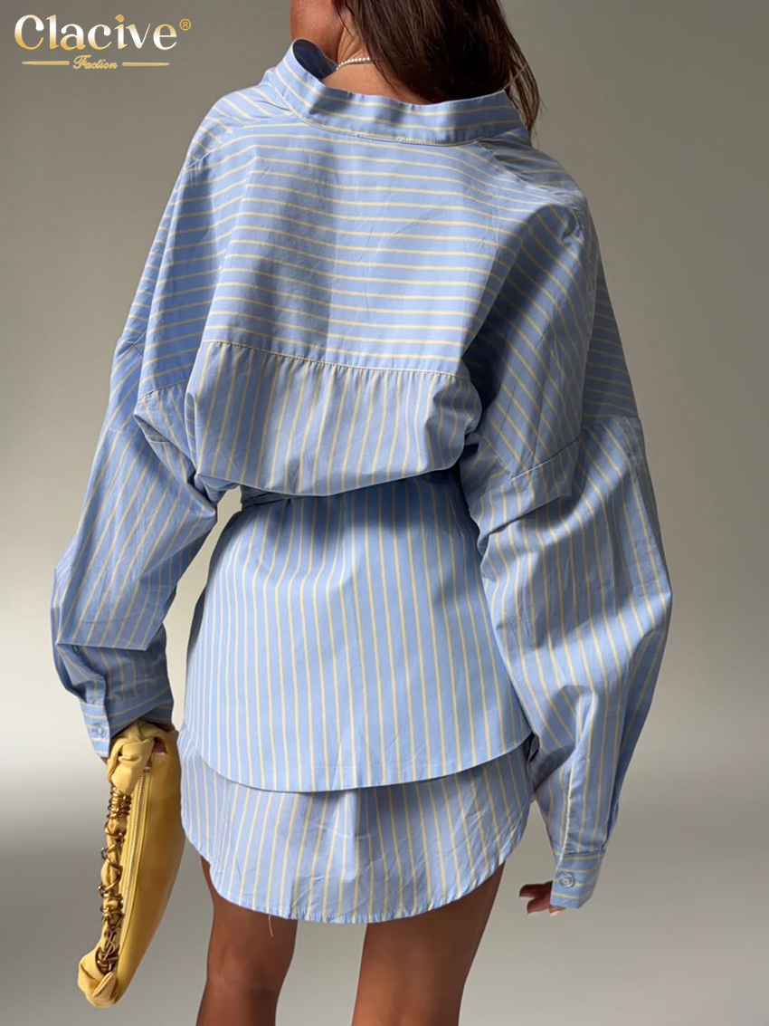 Clacive – ensemble 2 pièces à rayures bleues pour femmes, chemise élégante à manches longues avec mini jupe taille haute, vêtements féminins