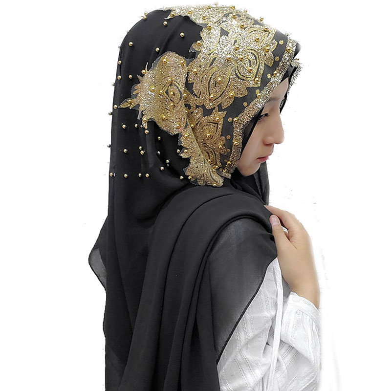 Mousseline de soie Hijab pour femmes longue écharpe châle mode musulman miroitant or paillettes Hijab tête enveloppement foulards Abaya foulard Turbantes