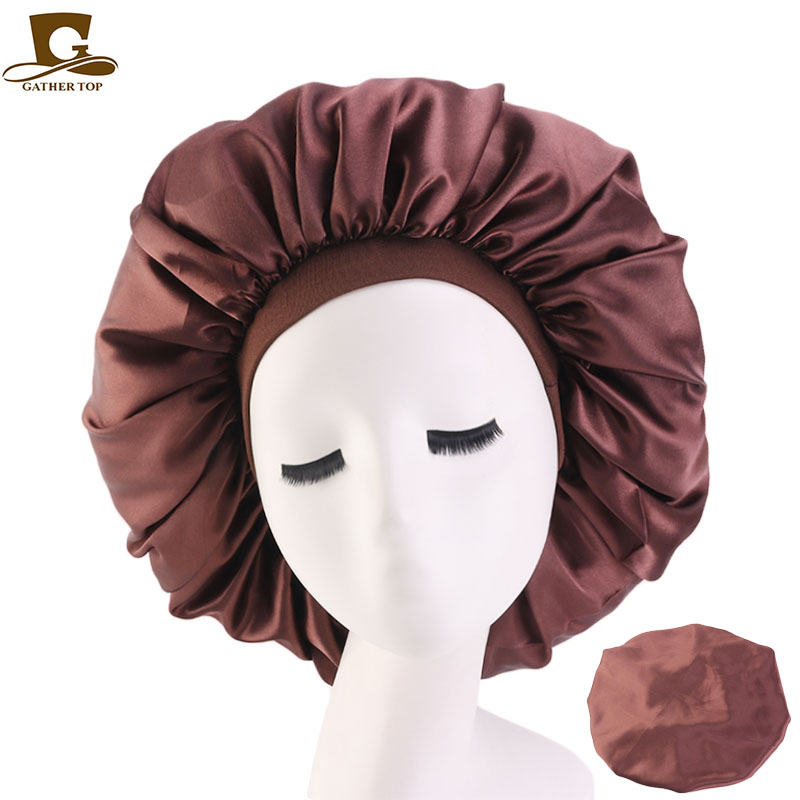 Nouveau bonnet de nuit en satin soyeux imprimé grande taille pour femme, idéal pour cheveux bouclés et crépus, noir