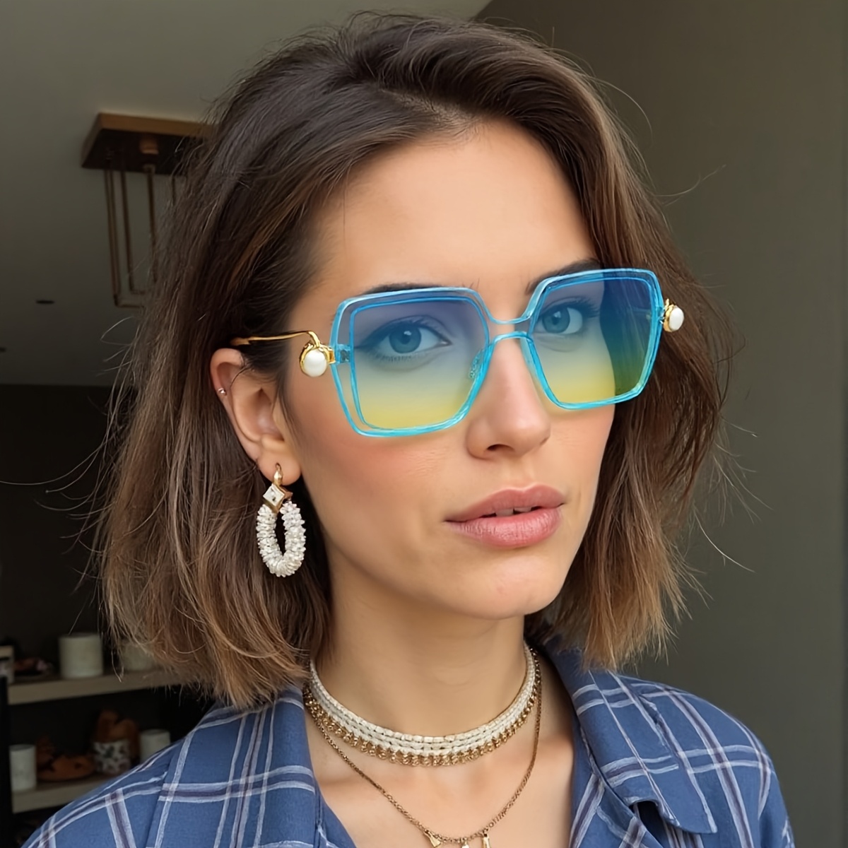 Lunettes de soleil pour femmes, monture dégradée bleu jaune, Design Unique à Double monture, décoration sphérique dorée, mode moderne