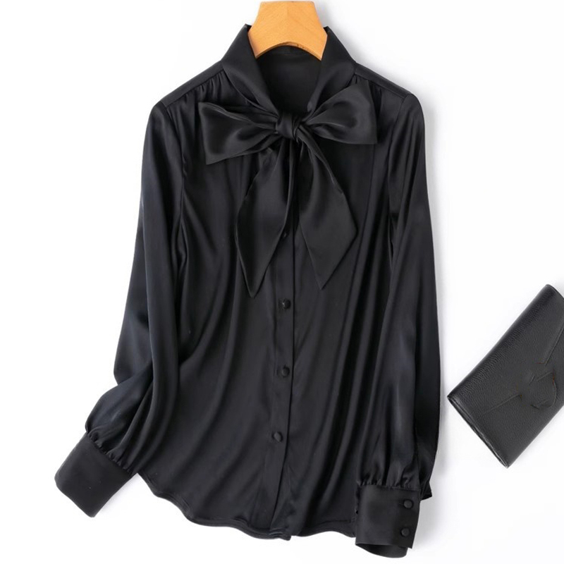 Chemisier en soie véritable pour femmes, haute qualité, hauts 93% soie de mûrier, col à nœud à lacets, Style OL, manches longues, chemises décontractées de luxe