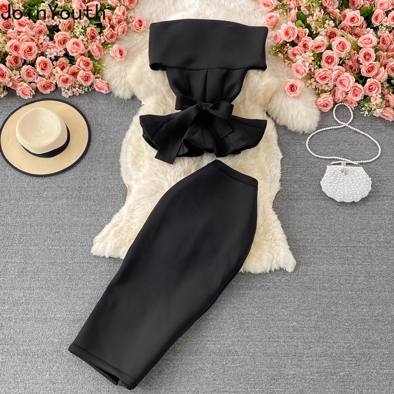 Costume jupe pour femmes, ensemble deux pièces, col Slash, Bandage, nœud, volants, haut court, taille haute, jupes moulantes, tenues d'été Sexy