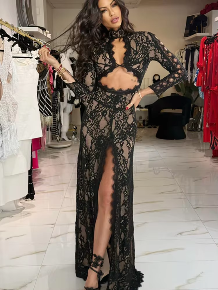 Huhugirl – robe longue en dentelle pour femmes, ajourée, unie, sexy, manches longues, fente, col montant, style streetwear, décontractée
