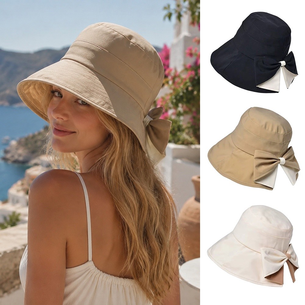 Nouveaux chapeaux seau à nœud papillon 360 °   Chapeau de protection solaire à large bord, respirant, bloquant les UV, pour femmes