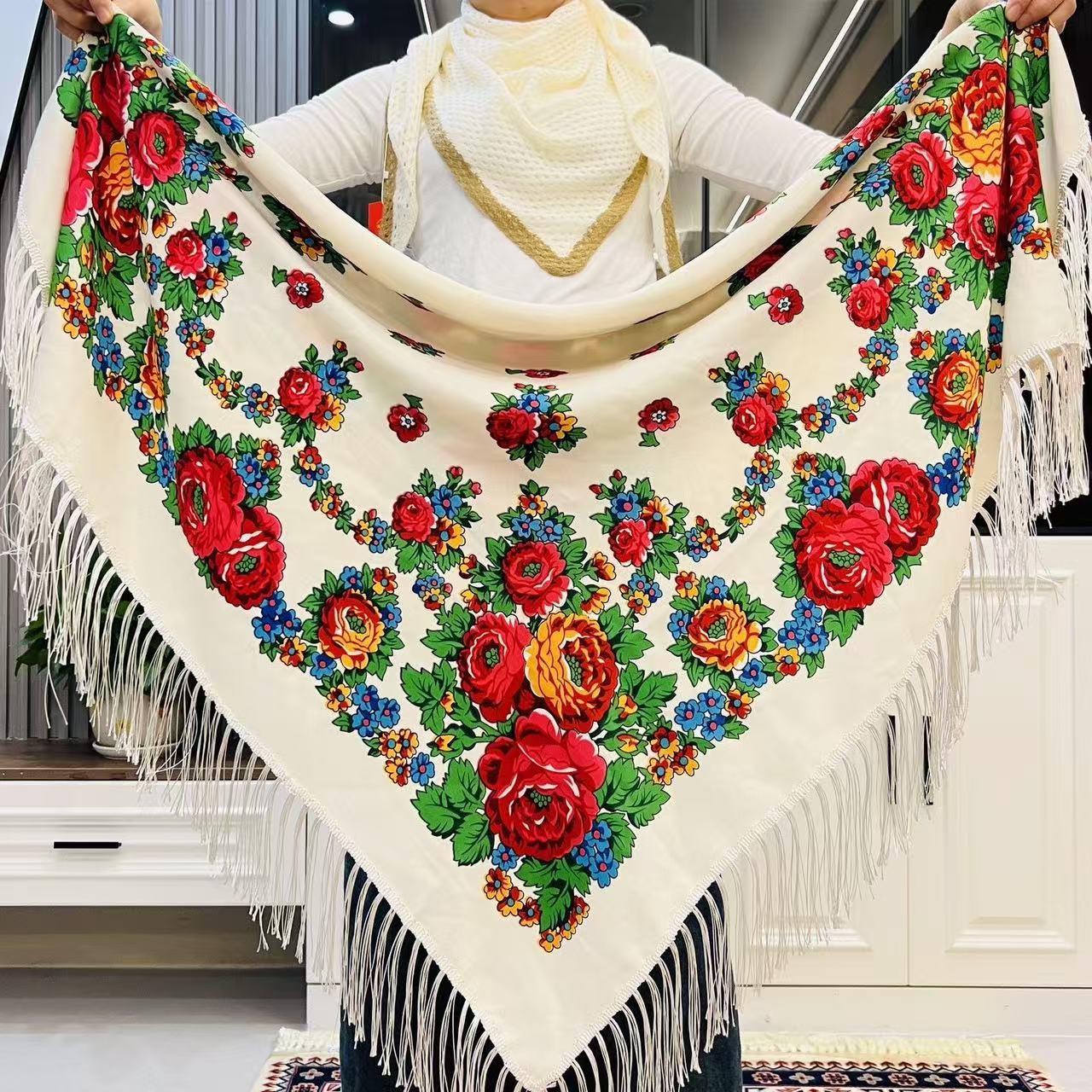 Foulard carré National russe pour femmes, 120x120cm, imprimé Floral de luxe, châles ukrainiens à franges, Bandana pour dames