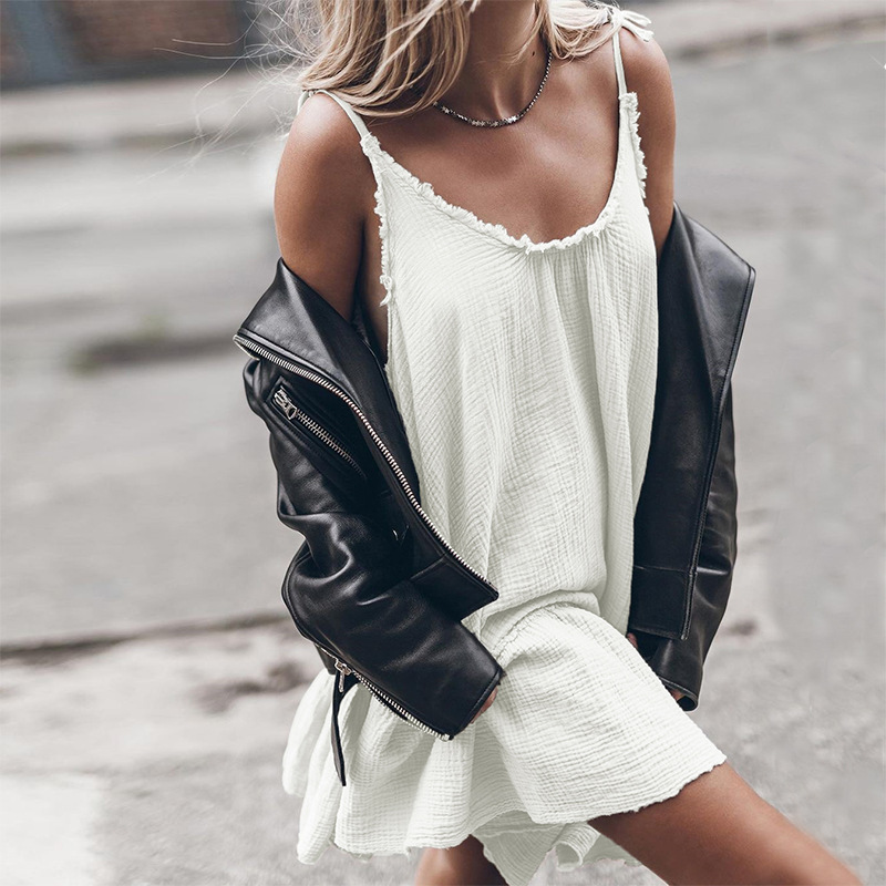 Boho Beach-Mini robe à bretelles en fibre pour femme, robe décontractée sexy, robe d'été à lacets, robe en coton monochrome, robe éducative