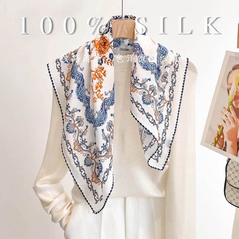 Foulard carré de luxe 100% soie de mûrier 70cm, imprimé floral baroque rétro, foulard de cou, foulard de tête, décoration de sac, cadeau quotidien pour femmes