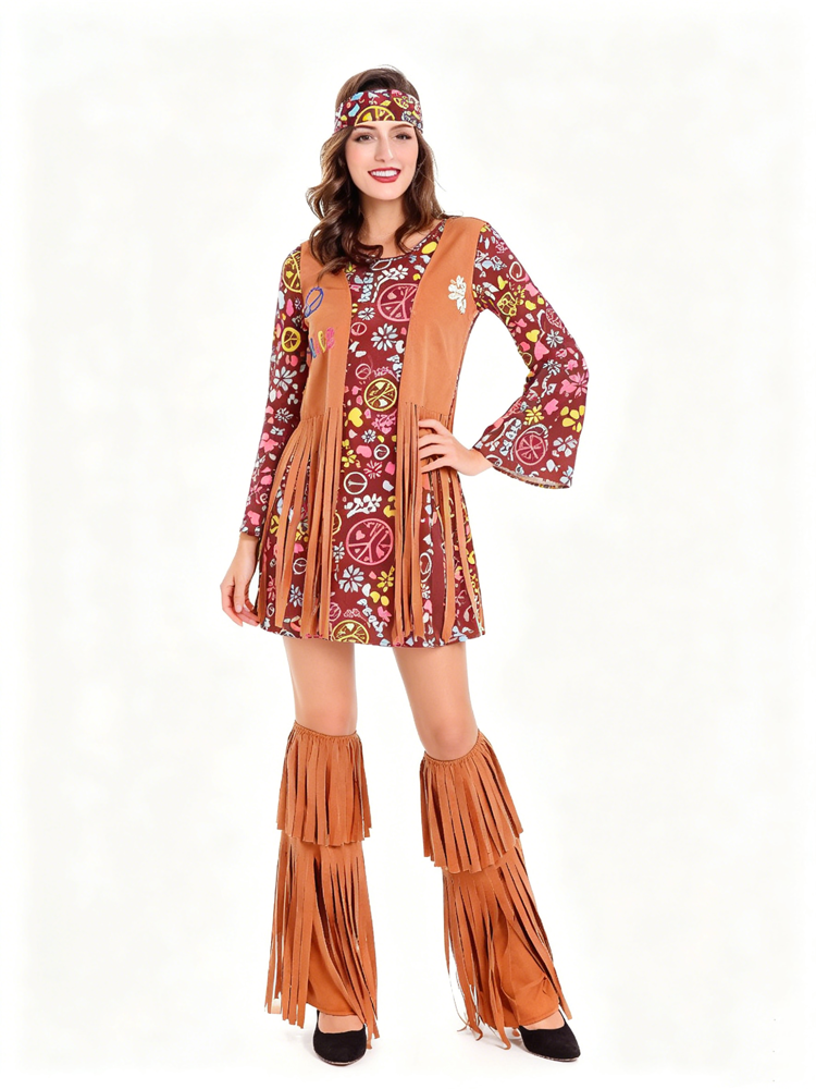 Ensemble de tenue hippie rétro pour femmes, robe à manches évasées imprimée, tenue de fête pour Halloween, carnaval et festival de musique, ensemble de 4 pièces
