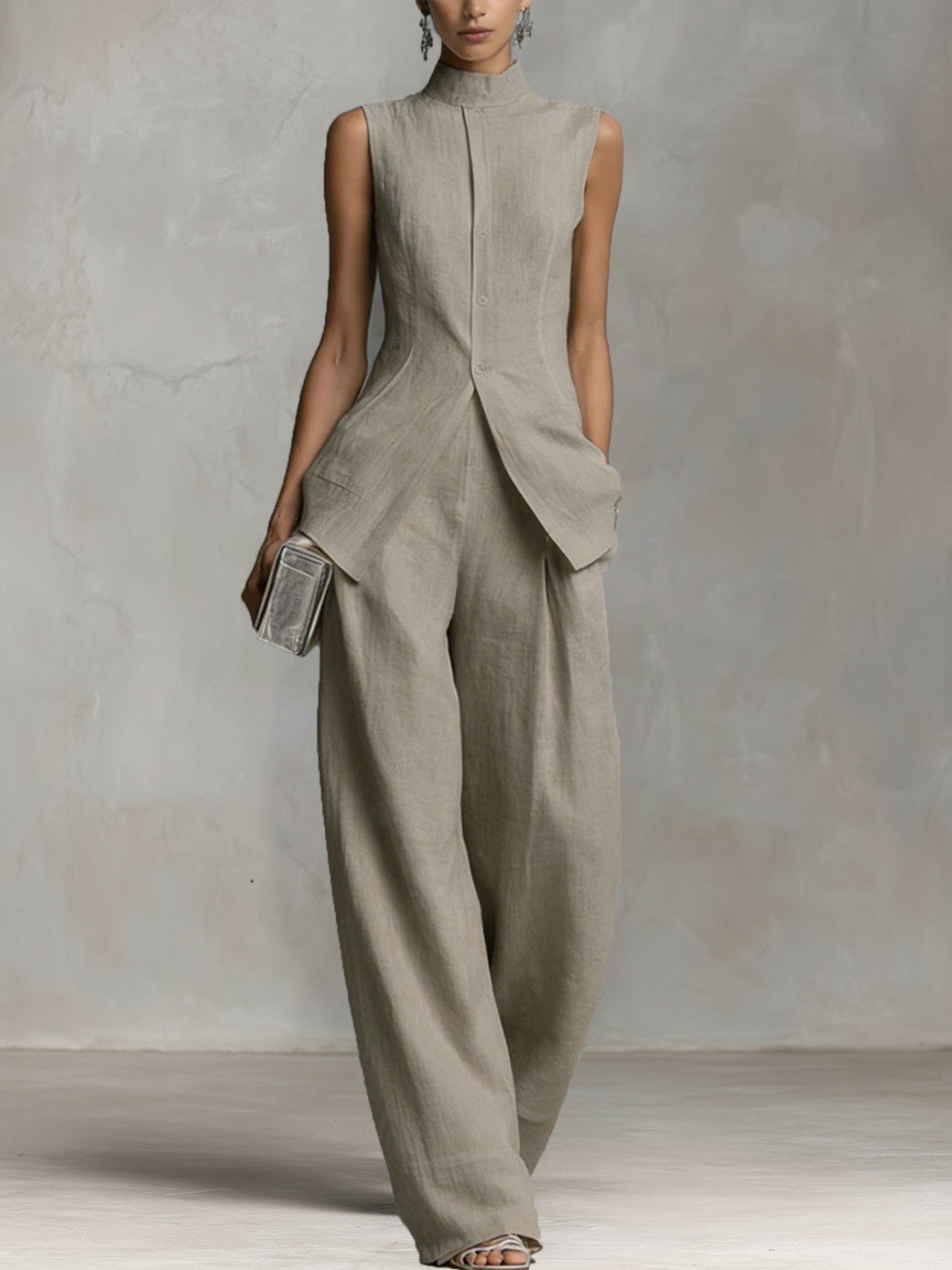 Ensemble élégant formel pour femme, noir, 2 pièces, sans manches, col haut, fermeture boutonnée sur le devant, veste, pantalon large à taille haute