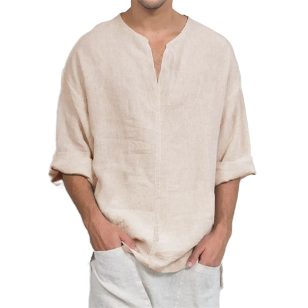 T-shirt à manches longues et col en v pour hommes, en coton et lin, décontracté, couleur unie, léger, respirant, confortable, à la mode