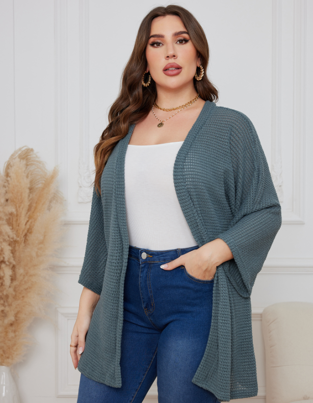 Cardigan décontracté respirant pour femme, cardigan gaufré 107, manches trois-quarts, grande taille