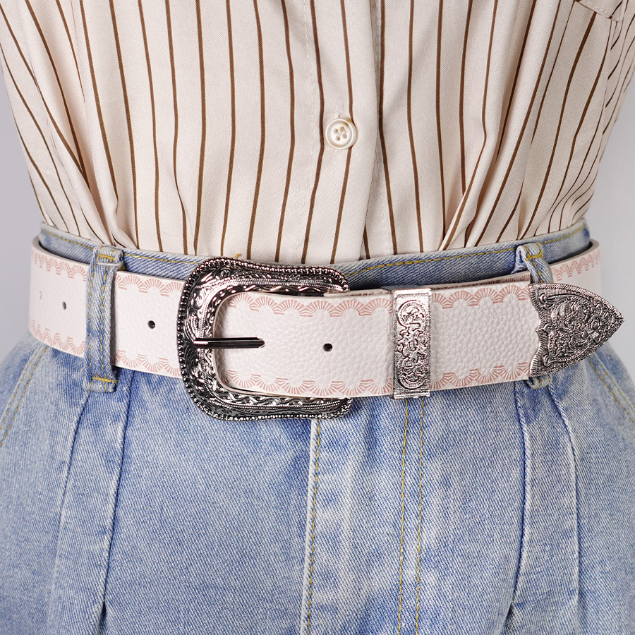Ceinture pour femme à bordure blanche, ceinture imprimée décontractée de couleur unie, boucle en alliage sculpté en argent, adaptée au déplacement et aux rendez-vous quotidiens