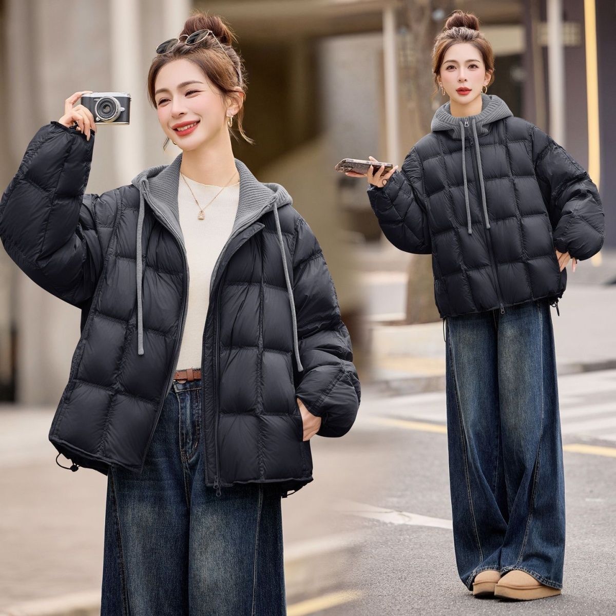 Parka matelassée en coton coréen pour femme, nouvelle collection automne-hiver 2026, décontractée, tricotée, à capuche, effet deux-pièces, chaude