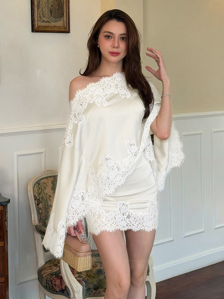 Ensemble Chic Femme Élégant en Dentelle Patchwork, Chemise et Jupe, Manches Longues, Épaules Dénudées, Coupe Ample, Collection Été Automne 2026