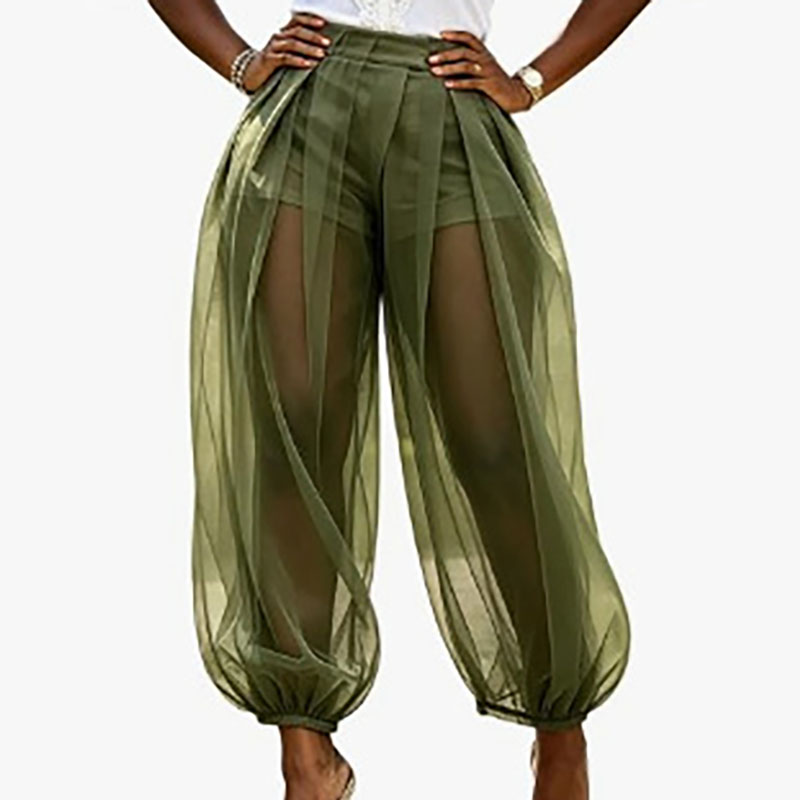 Pantalon de soirée bohème transparent pour femme, taille haute, uni, style harem, avec short intégré, bas élastiqué, coupe lanterne, idéal pour l'été