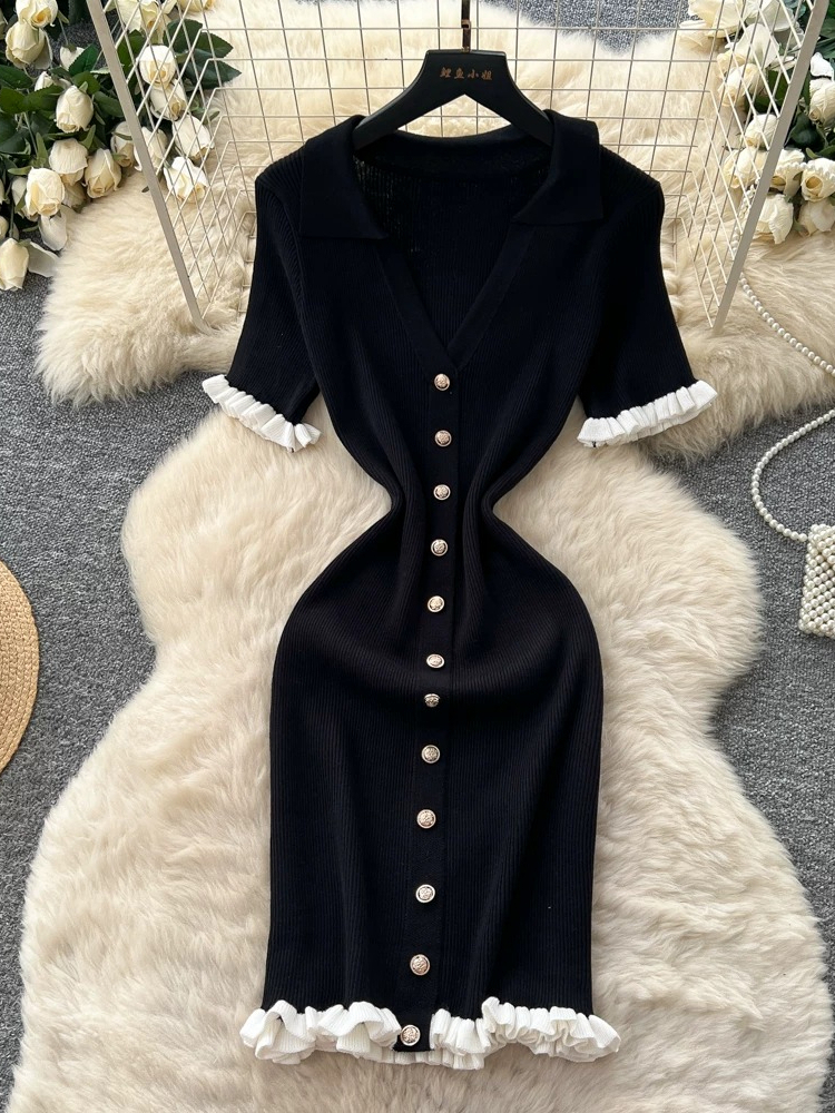 Robe Courte Tricotée pour Femme, Sexy, Col en V, Bordure Volantée Noire, Moulante, Style Coréen, Manches Courtes, Boucle Métallique, pour l'Été
