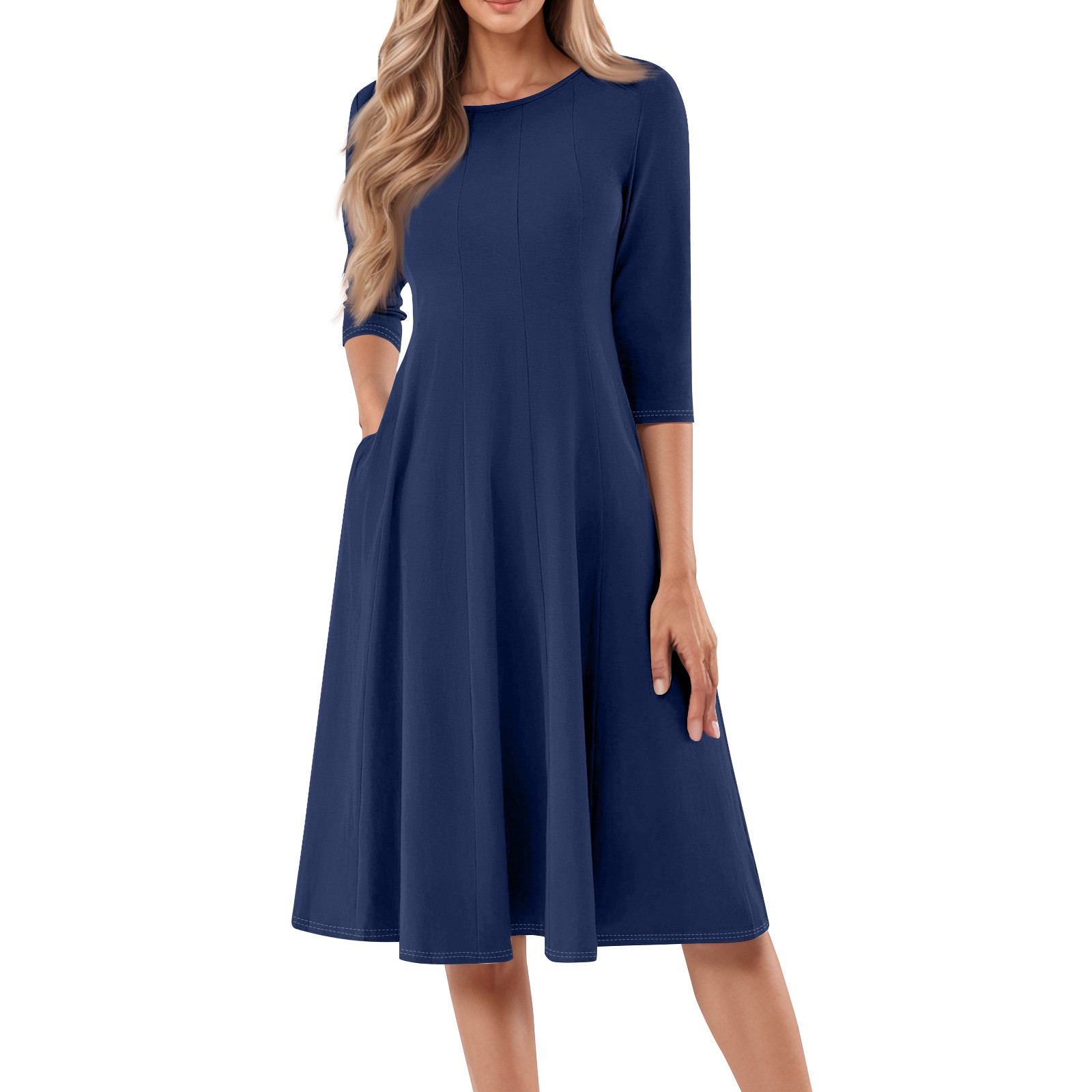 Manches longues t-shirt robes pour femmes poches décontracté ample balançoire Robe femme décontracté couleur unie col rond manches longues Robe Robe