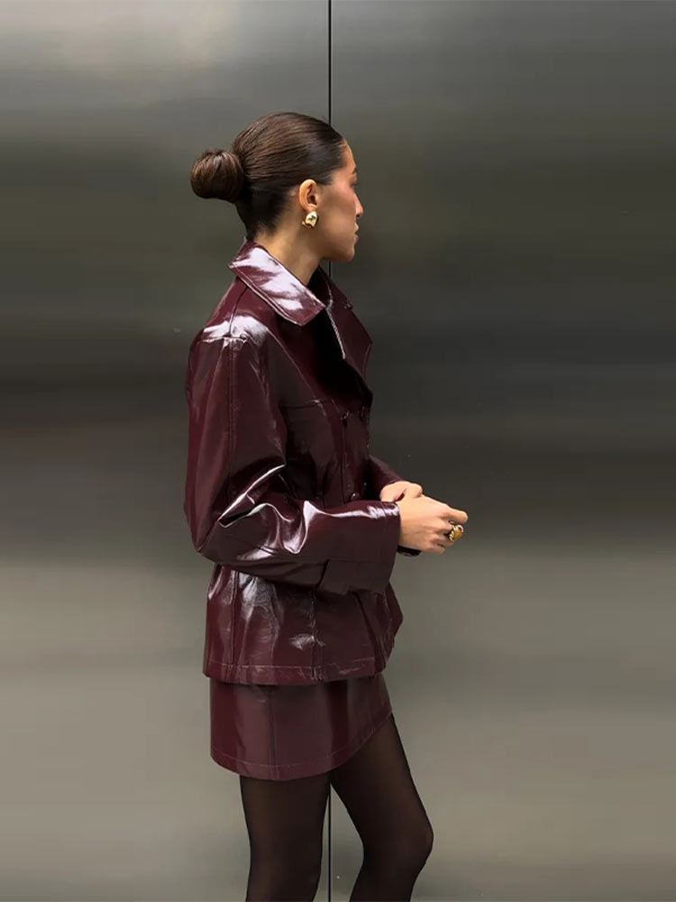 Ensemble Mini jupe de rue en cuir Pu pour femmes, col à revers, manches longues, manteau à Double boutonnage, costume début d'automne, tenue de rue