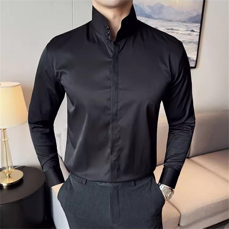 Mode col haut chemises hommes printemps automne couleur unie à manches longues Style coréen chemises décontractées intelligentes hommes coupe ajustée Stand chemise