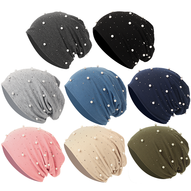 Femmes perle strass Bonnet couvre-chef solide doux automne hiver casquette pour femme Bonnet mode tricoté automne extérieur Bonnet