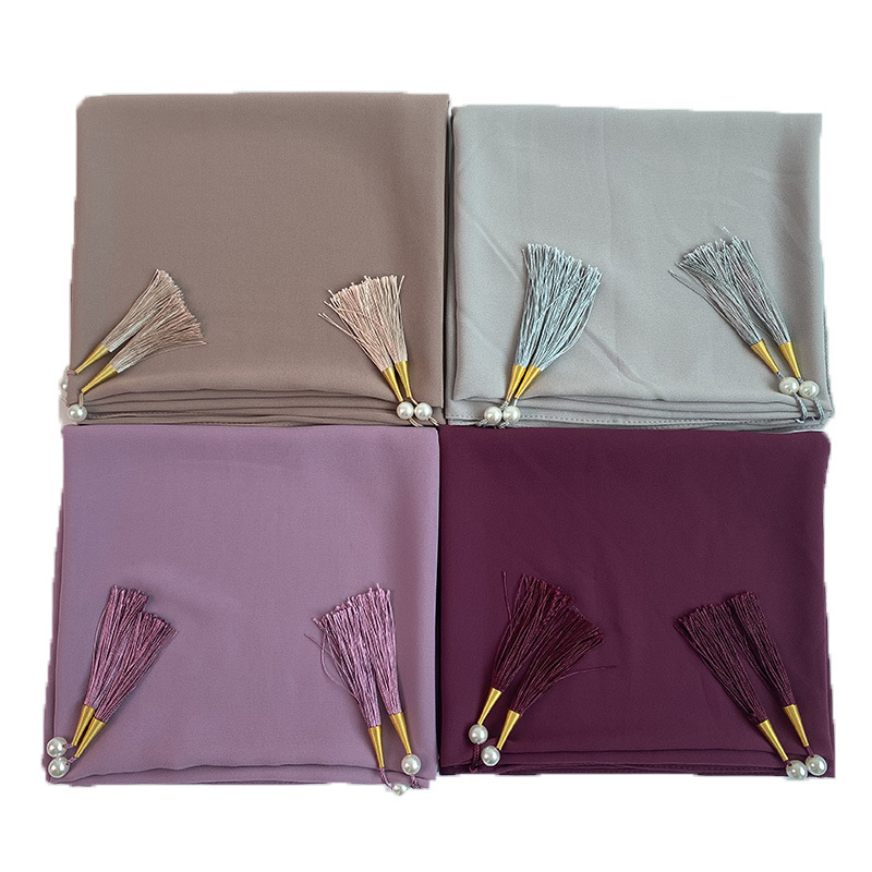 Hijab en mousseline de soie à bulles pour femmes, décoration de gland, document solide, longs châles féminins, foulard, bande de sauna, turbans islamiques pour femmes