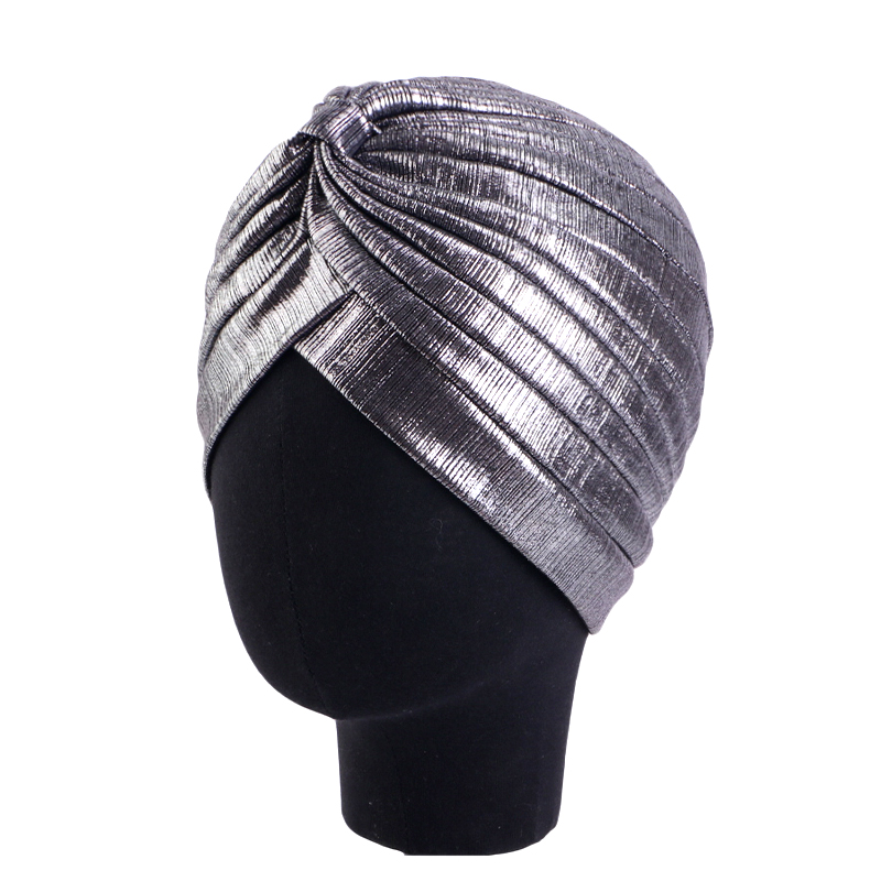 Turban à nœud métallique plissé pour femme, chapeau ethnique rétro, bonnets élastiques ronds et brillants, écharpe de tête, bonnet, bonnet chimio, nouveau