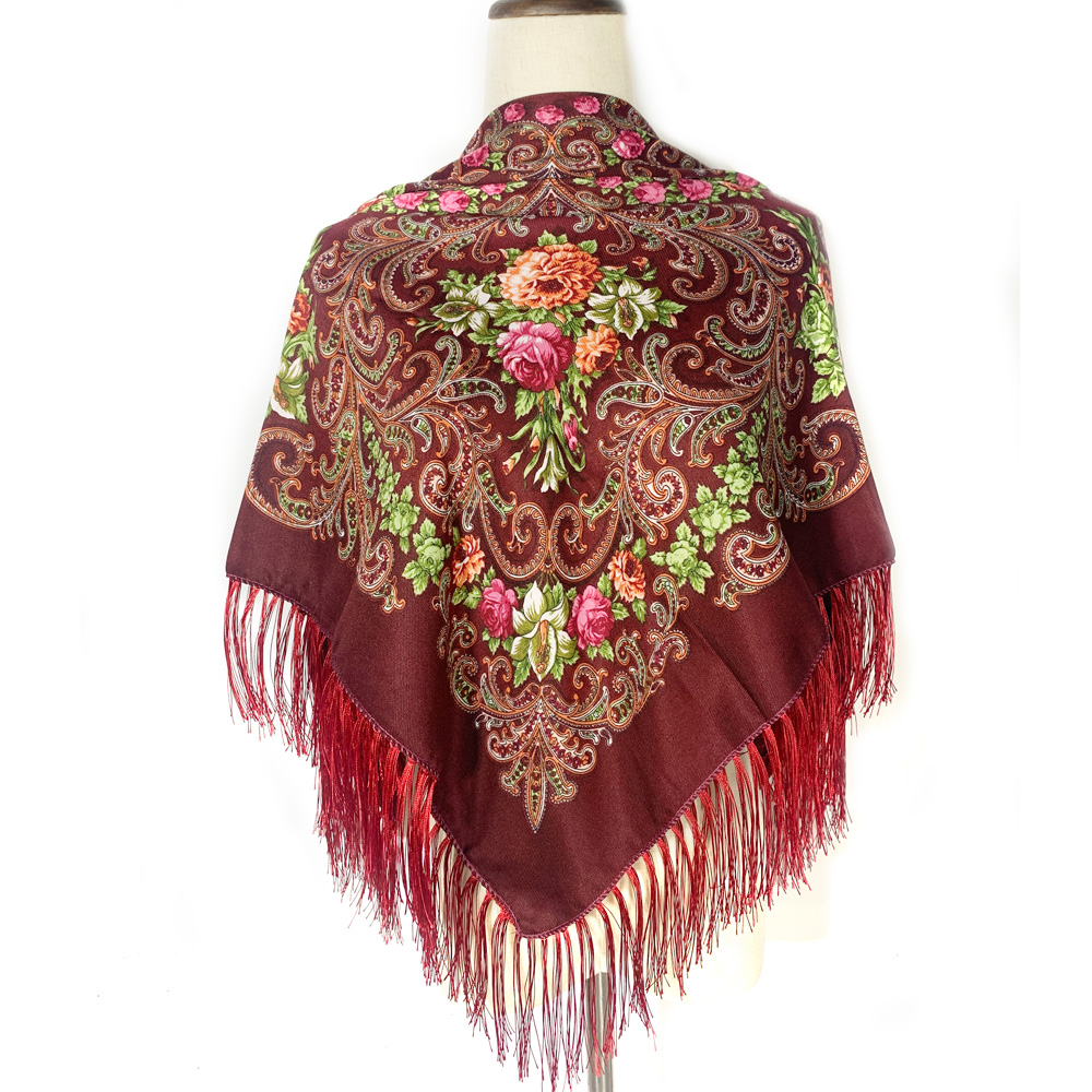 Foulard Carré Russe Imprimé Floral pour Femme, 90x90cm, Bandana, 21ème Châle à Franges, Ethnique, Voyage, Pare-Soleil, Châles de Plage