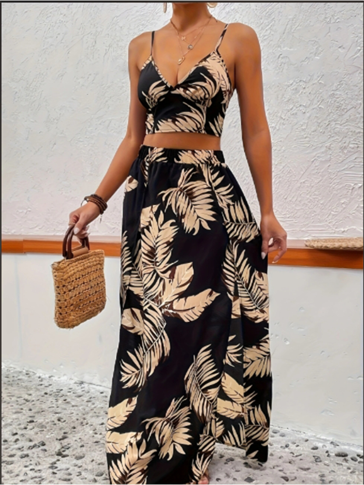 Robe élégante à col en V profond pour femmes, ensemble jupe et veste sans manches imprimée pour l'été, robe tendance sexy à fente haute