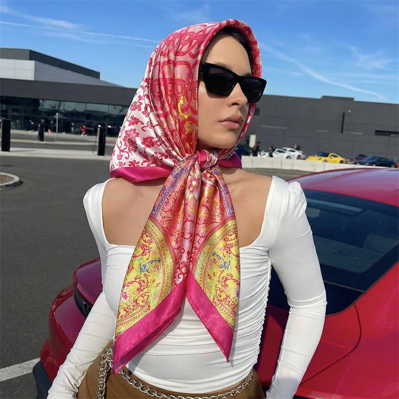 Foulard carré en soie pour femme, marque de luxe, imprimé satiné, hijab, écharpe musulmane, paréo, bandana, châle, bandeau, 90*90cm