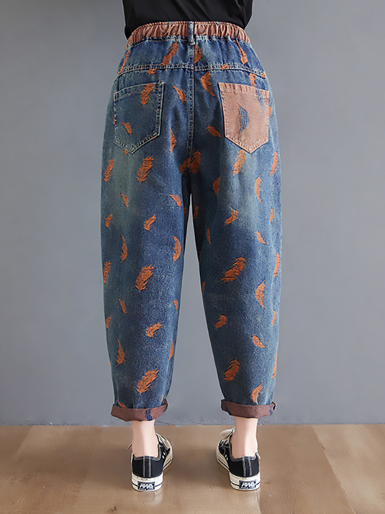 Jean pour femmes printemps rue plume broderie couleur contraste ample mince cordon poches taille élastique Denim pantalon femme