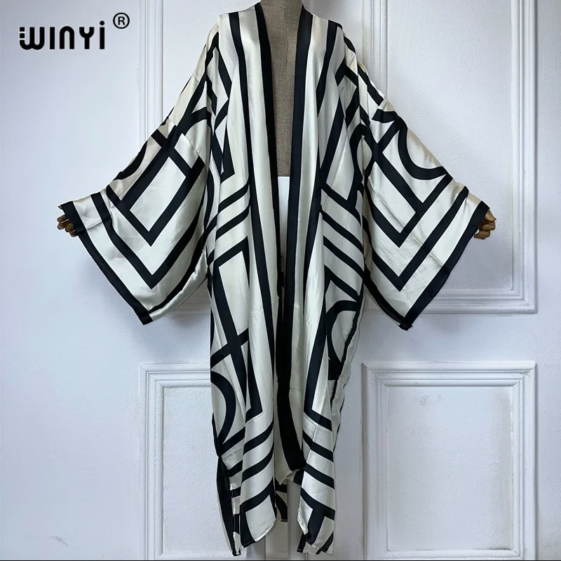 WINYI 2026 Kimono Femme Imprimé à Ourlet Bouffant, Manteau à Manches Longues, Cardigan, Abaya, Vêtement de Plage de Luxe de Dubaï, Robe Bohème, Caftan